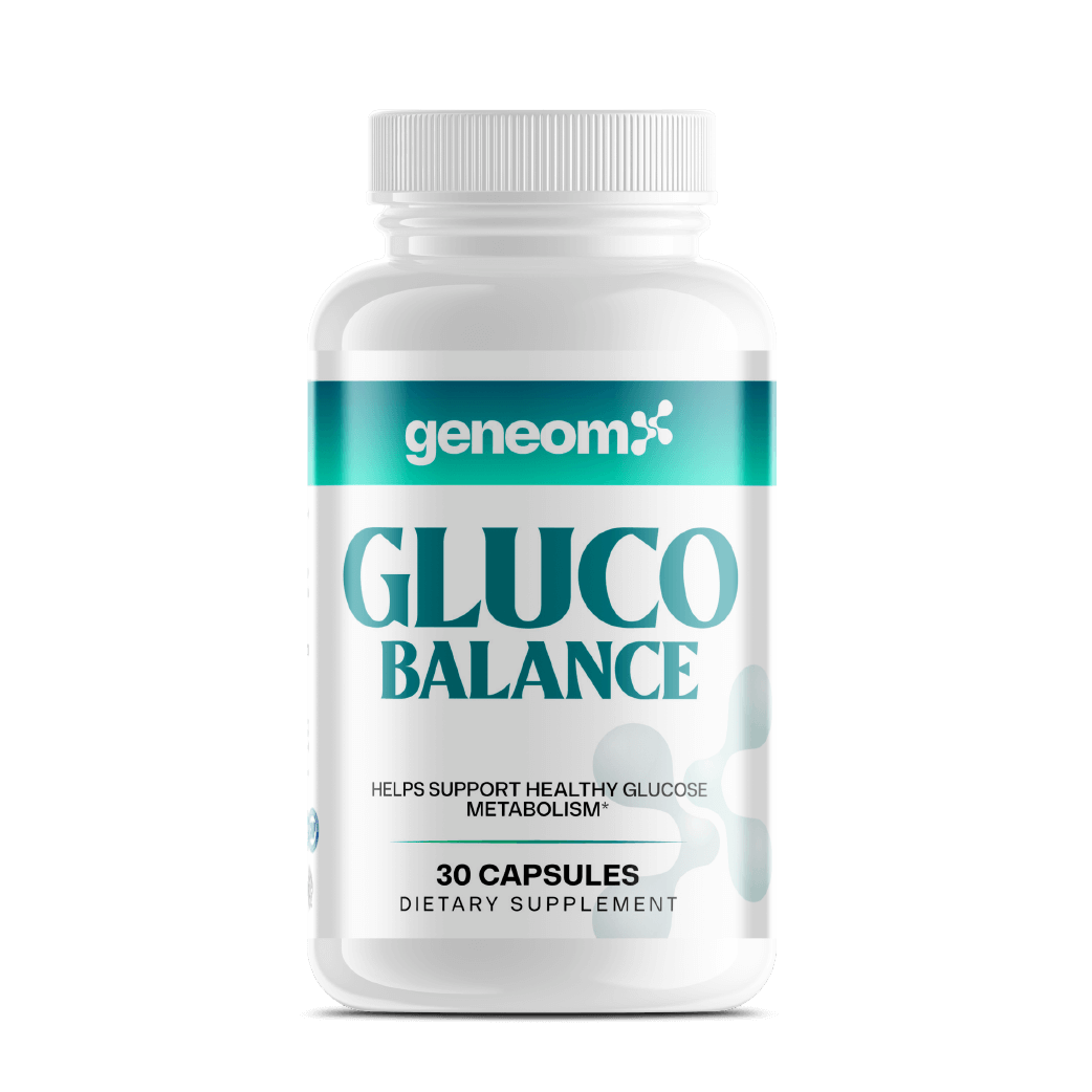 GeneomX Gluco Balance dietary supplement bottle containing 30 capsules for blood sugar and metabolic health support.