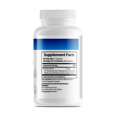 GeneomX Vigora dietary supplement bottle for male vitality, 30 capsules, designed to enhance testosterone and erectile function.