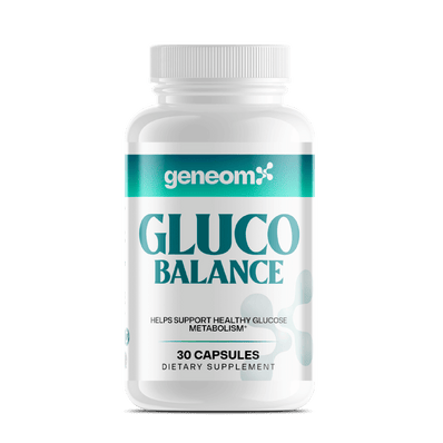 GeneomX Gluco Balance dietary supplement bottle containing 30 capsules for blood sugar and metabolic health support.