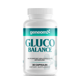 GeneomX Gluco Balance dietary supplement bottle containing 30 capsules for blood sugar and metabolic health support.