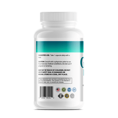 GeneomX Gluco Balance dietary supplement bottle containing 30 capsules for blood sugar and metabolic health support.