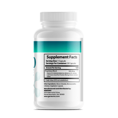 GeneomX Gluco Balance dietary supplement bottle containing 30 capsules for blood sugar and metabolic health support.