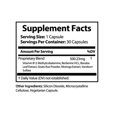 GeneomX Gluco Balance dietary supplement bottle containing 30 capsules for blood sugar and metabolic health support.