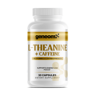 GeneomX L-Theanine plus Caffeine bottle, dietary supplement for focus and energy, 30 capsules.