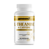 GeneomX L-Theanine plus Caffeine bottle, dietary supplement for focus and energy, 30 capsules.
