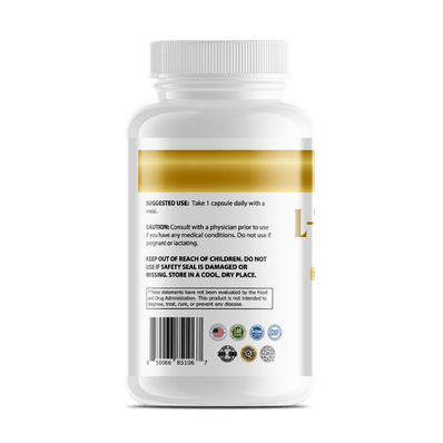 GeneomX L-Theanine plus Caffeine bottle, dietary supplement for focus and energy, 30 capsules.