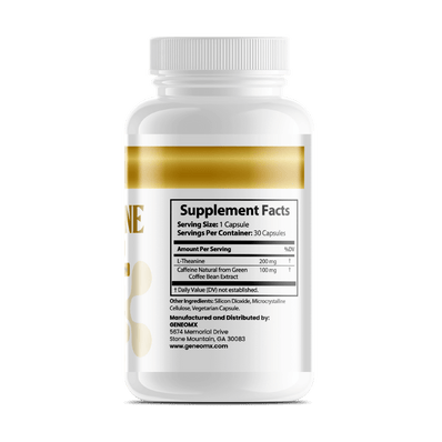 GeneomX L-Theanine plus Caffeine bottle, dietary supplement for focus and energy, 30 capsules.