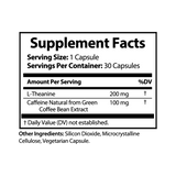 Supplement facts for GeneomX L-Theanine Plus Caffeine showing ingredients and serving details.
