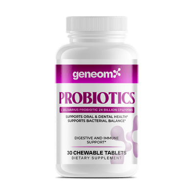 GeneomX Probiotics L Salivarius 24 billion CFU supplement bottle with 30 chewable tablets for gut and immune health.