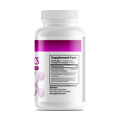 GeneomX Probiotics L Salivarius 24 billion CFU supplement bottle with 30 chewable tablets for gut and immune health.