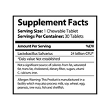 Supplement facts for GeneomX Probiotics L Salivarius, 24 billion CFU per serving, 30 chewable tablets.