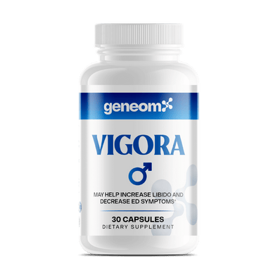 GeneomX Vigora dietary supplement bottle for male vitality, 30 capsules, designed to enhance testosterone and erectile function.