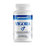 GeneomX Vigora dietary supplement bottle for male vitality, 30 capsules, designed to enhance testosterone and erectile function.