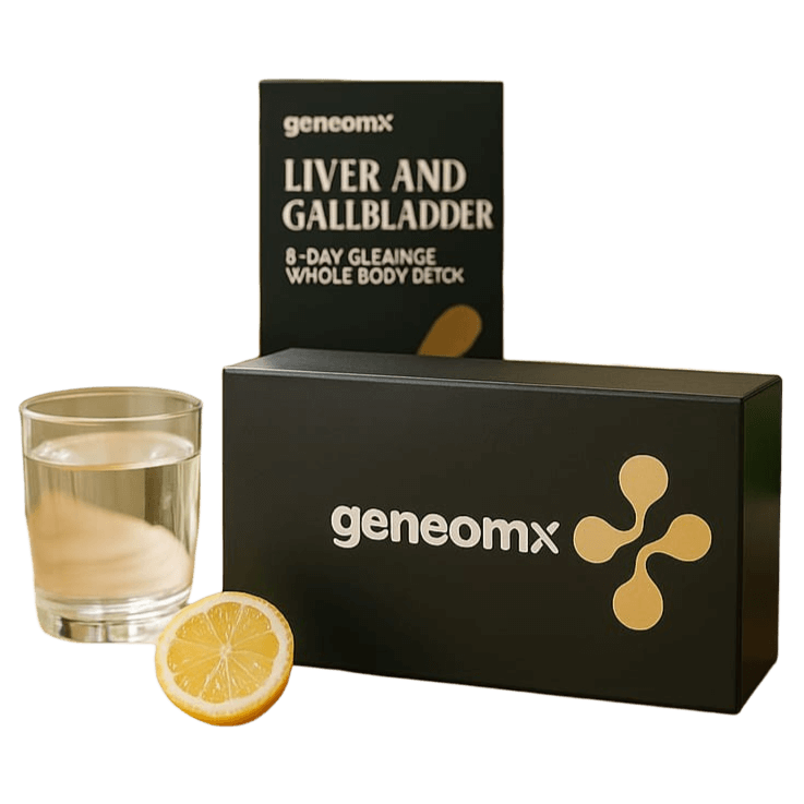 GeneomX liver and gallbladder detox cleanse kit with a glass of water and lemon, designed for holistic health.