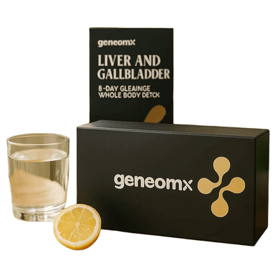 GeneomX liver and gallbladder detox cleanse kit with a glass of water and lemon, designed for holistic health.