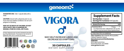 GeneomX Vigora dietary supplement bottle for male vitality, 30 capsules, designed to enhance testosterone and erectile function.