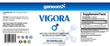 GeneomX Vigora dietary supplement label showing 30 capsules for male vitality and performance support with usage instructions.