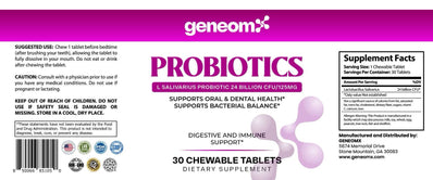 GeneomX Probiotics L Salivarius 24 billion CFU supplement bottle with 30 chewable tablets for gut and immune health.