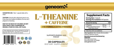 GeneomX L-Theanine plus Caffeine bottle, dietary supplement for focus and energy, 30 capsules.