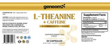 GeneomX L-Theanine Plus Caffeine supplement label featuring 30 capsules for energy and focus.