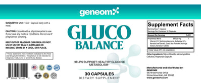 GeneomX Gluco Balance dietary supplement bottle containing 30 capsules for blood sugar and metabolic health support.