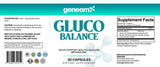 GeneomX Gluco Balance dietary supplement label showcasing 30 capsules for blood sugar and metabolic health support.