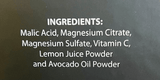 Ingredients list for a detox product: Malic Acid, Magnesium Citrate, Magnesium Sulfate, Vitamin C, Lemon Juice Powder, Avocado Oil Powder.